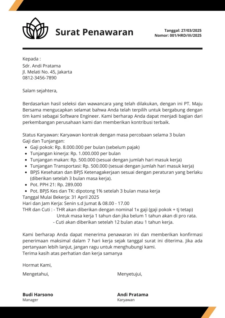 Contoh offering letter dalam Bahasa Indonesia